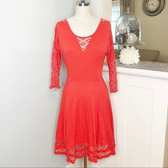 Free People Red Lace Crochet Cut Out Fit & Flare Dress Medium - Picture 5 of 11